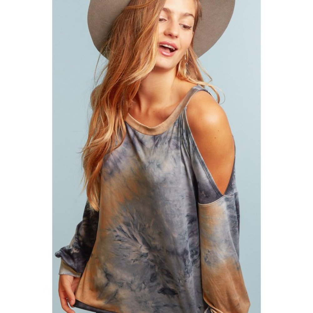 Bubble Sleeve Tie Dye Cold Shoulder Top - Picture 5 of 9